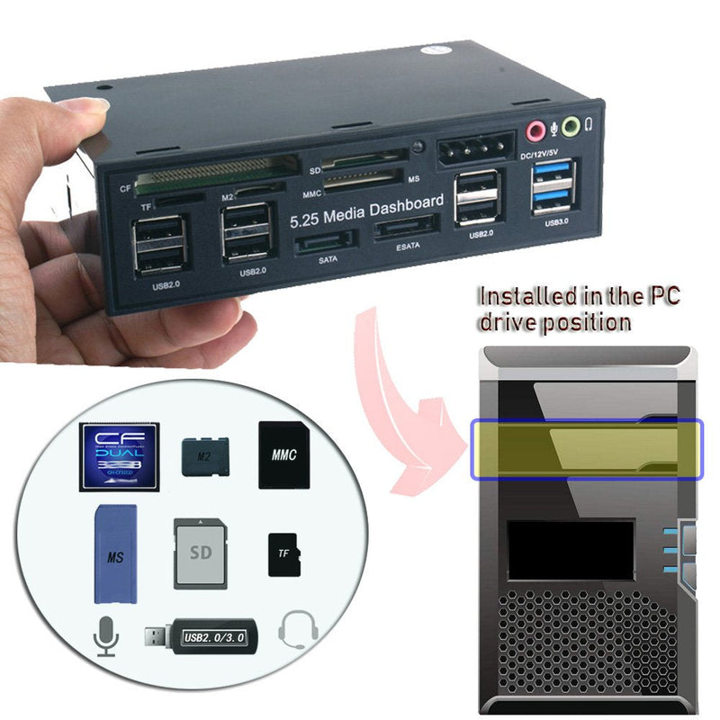  [AUSTRALIA] - T-SIDAKE 5.25 Inch PC Multifunctional Dashboard Media Front Panel Audio, with SATA e-SATA Dual USB 3.0 6 Port USB 2.0 Five-in-ONE Card Reader (SD/MMC/CF/MS/TF / M2)