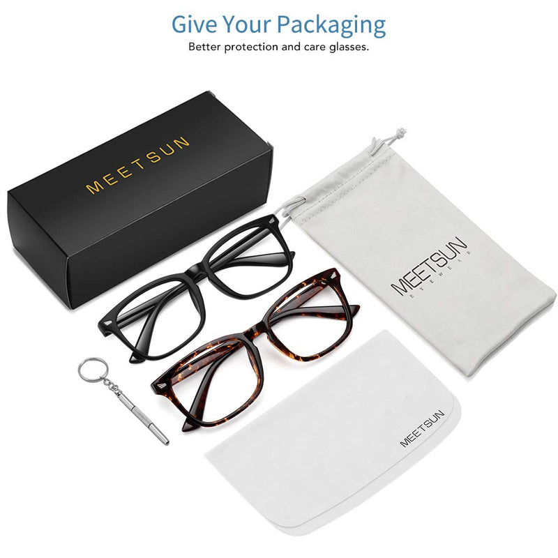  [AUSTRALIA] - MEETSUN Blue Light Blocking Glasses, Anti Eye Strain Headache (Sleep Better),Computer Glasses UV400 Transparent Lens Black + Tortoise Shell Frame / 2 Pack 53 Millimeters