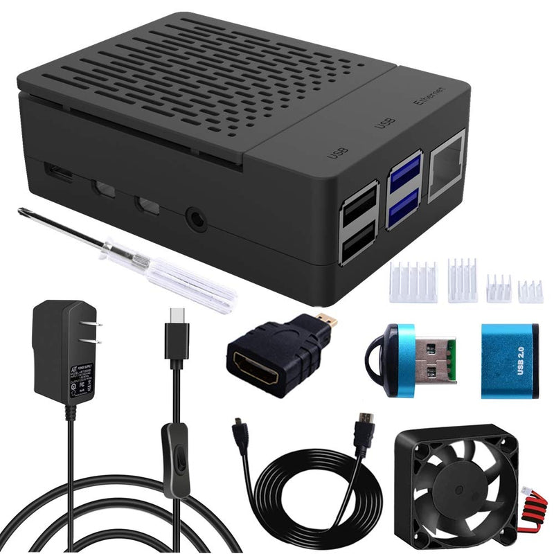  [AUSTRALIA] - GeeekPi Raspberry Pi 4 Case with Fan, 5V 3A USB-C Power Supply, 4pcs Heatsinks, USB Card Reader 1m Micro HDMI Cable, Micro HDMI to HDMI Adapter, for Raspberry Pi 4 Model B (RPi Board Not Included)