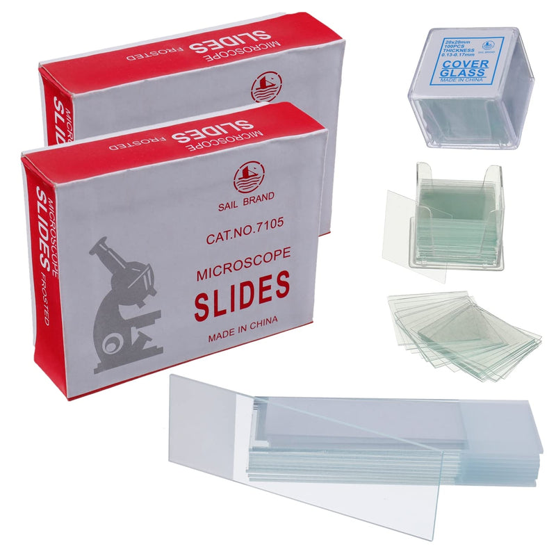  [AUSTRALIA] - BOJACK 100 Pcs Pre-Cleaned Microscope Slides with Ground Edge and 200 Pcs Pre-Cleaned Microscope Cover Glasses with 4 Plastic Droppers