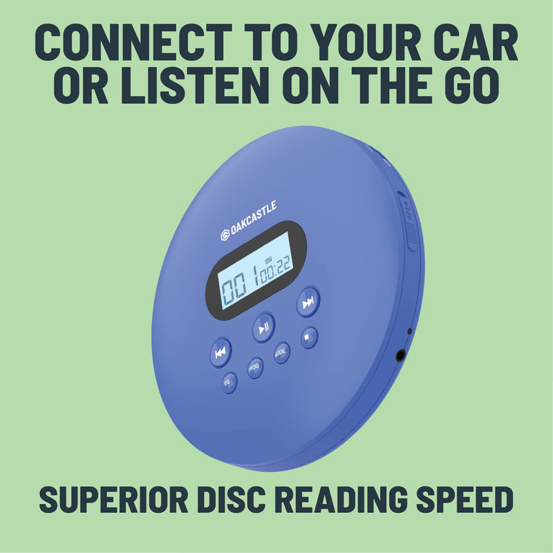  [AUSTRALIA] - Oakcastle CD100 Portable Bluetooth CD Player | 12hr Portable Playtime | in Car Compatible Personal CD Player | Headphones Included, AUX Output, Anti-Skip Protection, Rechargeable, CD Walkman in Blue