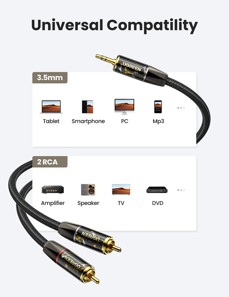 UGREEN RCA Cable 2RCA to 3.5mm Male Stereo Audio Adapter Nylon Braided Hi-Fi Sound Auxiliary RCA Y Splitter, Zinc Alloy Shell Aux RCA Y Cord Compatible with MP3 Tablet Speaker HDTV Smartphone, 3FT 3 Ft - LeoForward Australia