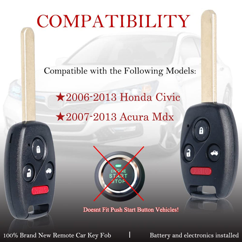  [AUSTRALIA] - Key Fob Remote Replacement Fits for Honda Civic EX Si Hybrid 2006 2007 2008 2009 2010 2011 2012 2013 Acura Mdx 2007-2013 N5F-S0084A Keyless Entry 4 Buttons Remote Control 35111-SVA-306(Pack of 2)