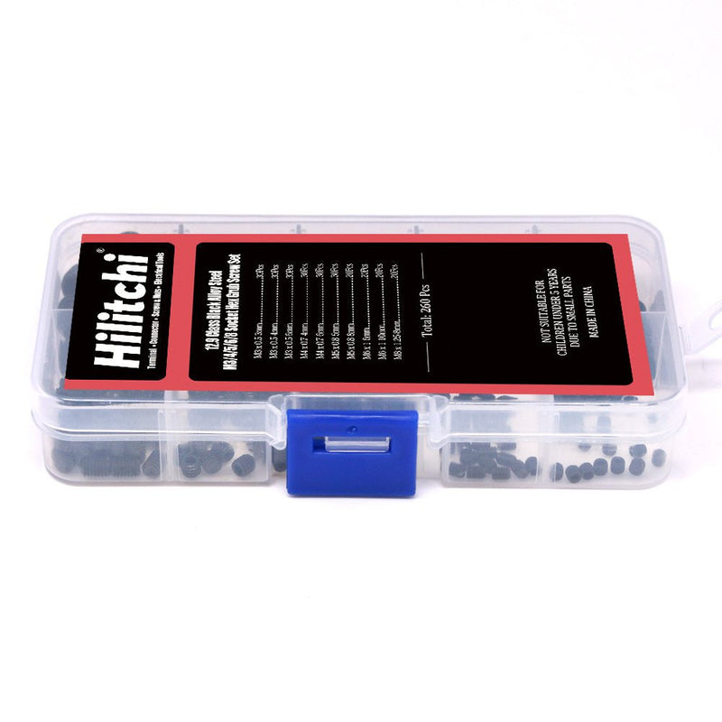  [AUSTRALIA] - Hilitchi 260pcs M3/4/5/6/8 Allen Head Socket Hex Grub Screw Set Assortment Kit with Plastic Box 12.9 Class Black Alloy Steel