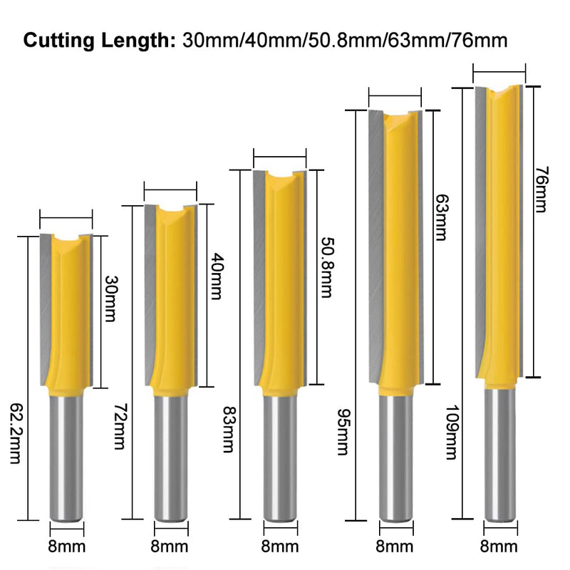  [AUSTRALIA] - ASNOMY Pack of 5 8 mm shank straight cutter cutting blade, cutter, groove cutter, wood cutter, flush cutter, for wood, extra long cutting length -30mm, 40mm, 50mm, 63mm, 76mm