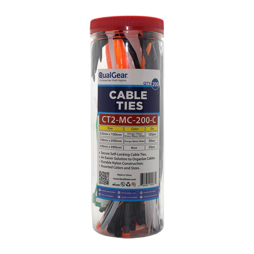  [AUSTRALIA] - QualGear CT2-MC-200-C Self-Locking Cable Ties, Assorted, 200/Canister