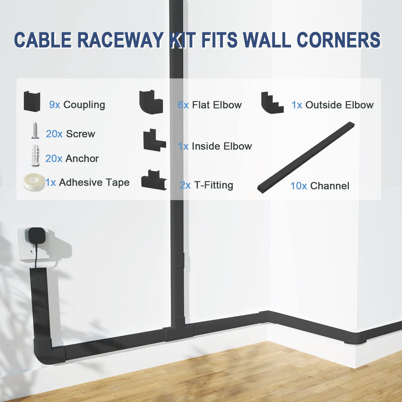  [AUSTRALIA] - Cord Cover Raceway Kit - 157" Cable Concealer, Wire Hider for TV Wall Mounting and Wire Management, Black