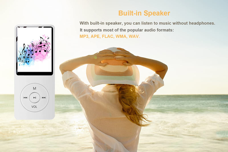  [AUSTRALIA] - MP3 Player with a 16GB Micro SD Card, Maximum Support 128GB | Build-in Speaker | M MayJazz Music Player with Photo/Video Player/FM Radio/Voice Recorder/E-Book Reader - White