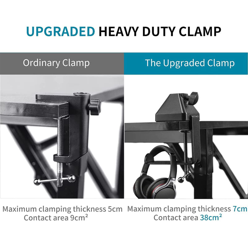  [AUSTRALIA] - novonest Heavy-duty Metal Table Mounting Clamp,Black Large-area Contact Base for Microphone Suspension Boom Scissor Arm Stand Holder,Max Clamping Thickness 2.75"/70mm,with Headset Hook Hanger,NB35-B Upgraded Base