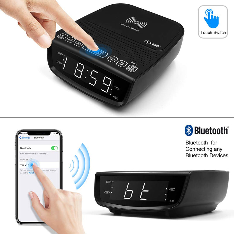 dpnao Alarm Clock FM Radio with Wireless Charging USB Charging Port Bluetooth Function Dual Alarm 3-Level Dimmer Snooze for Home Bedroom Bedside - LeoForward Australia