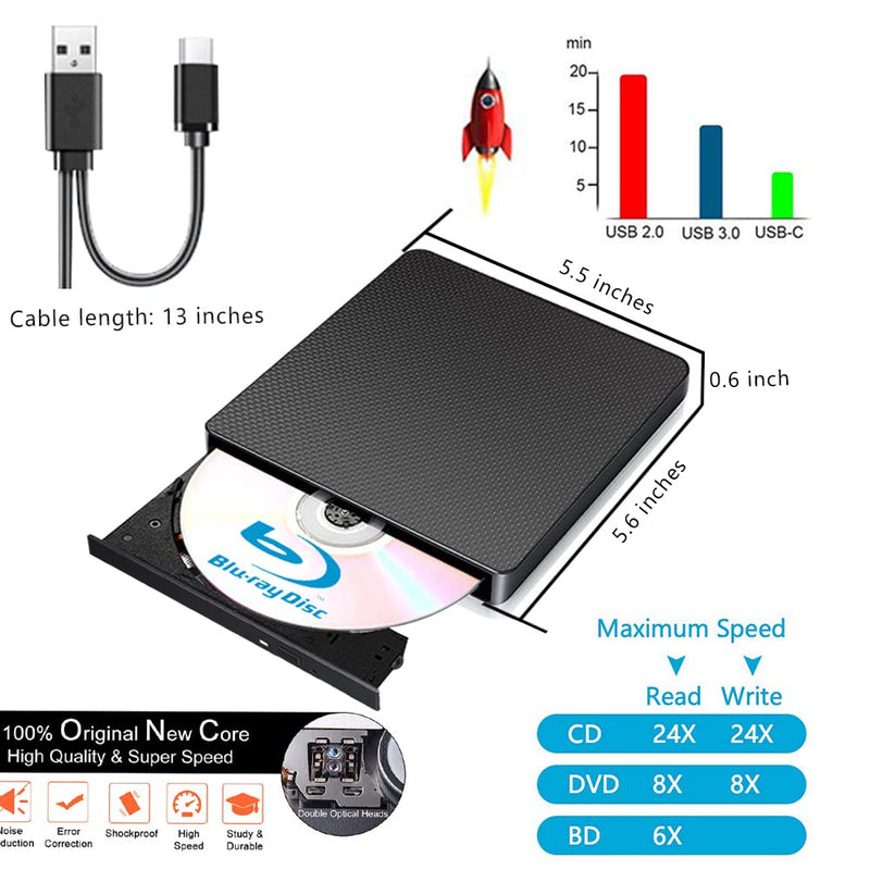  [AUSTRALIA] - External Blu ray Drive DVD/BD Player Read/Write Portable Blu-ray Drive USB 3.0 and Type-C DVD Burner 3D Blu RAL DriveCompatible with/Win7/Win8/Win10/ Mac OS Blu ray Burner High SpeedSilent Small