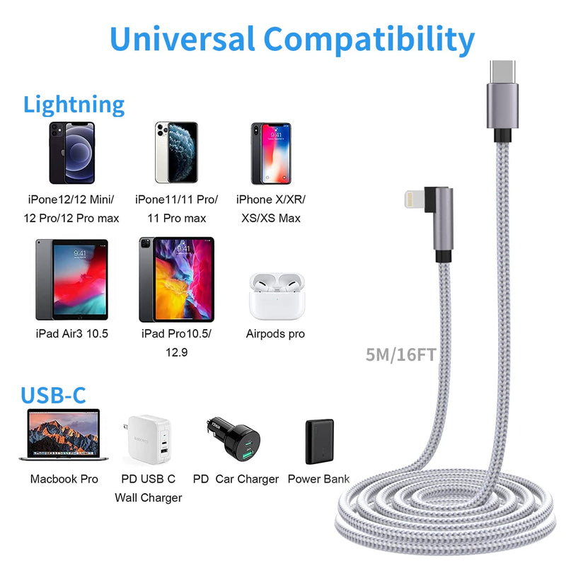  [AUSTRALIA] - 16FT Right Angle USB C to Lightning Cable [MFi Certified] 90 Degree iPhone 13 Charger Cable Braided Fast iPhone Type C Charging Cord Compatible with iPhone 14/13/13 Pro/12 Pro/11 Pro Max/X/XS/XR, Pad