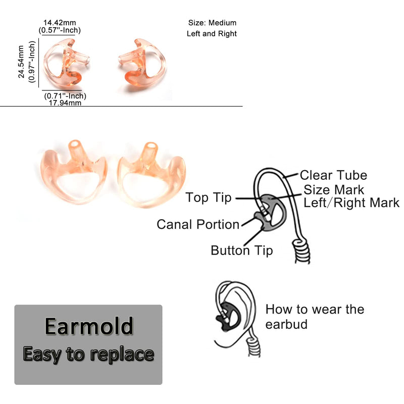  [AUSTRALIA] - HYS Audio Tube Kits Acoustic Tube Earpiece with One Pair Medium Earmolds, Big PTT Button on The Front, Police Surveillance Headset for Motorola 2pin CLS1110 RDU4100