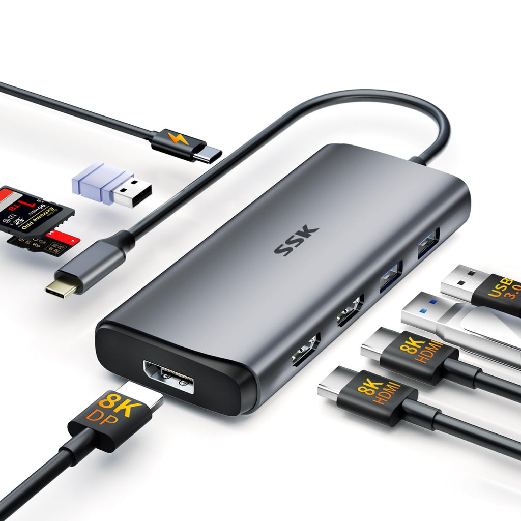  [AUSTRALIA] - SSK USB C Docking Station 3 Monitors, 9 in 1 Single 8K/Dual 4K60Hz USB C Hub DisplayPort Dock with 2 HDMI Ports,Displayport,100W PD,3 USBs,SD/TF, Laptop Docking Station for MacBook Pro HP Lenovo