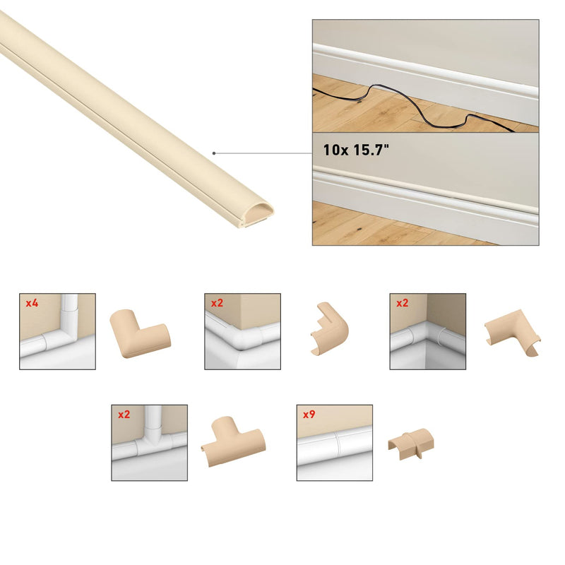  [AUSTRALIA] - D-Line 157in Cord Cover Kit, Self-Adhesive Wire Hiders, Paintable Cable Raceway to Hide Wires on Wall, Electrical Cable Management - 10x 15.7 Lengths & 19 Accessories - 0.78" (W) x 0.39" (H) - Beige Small