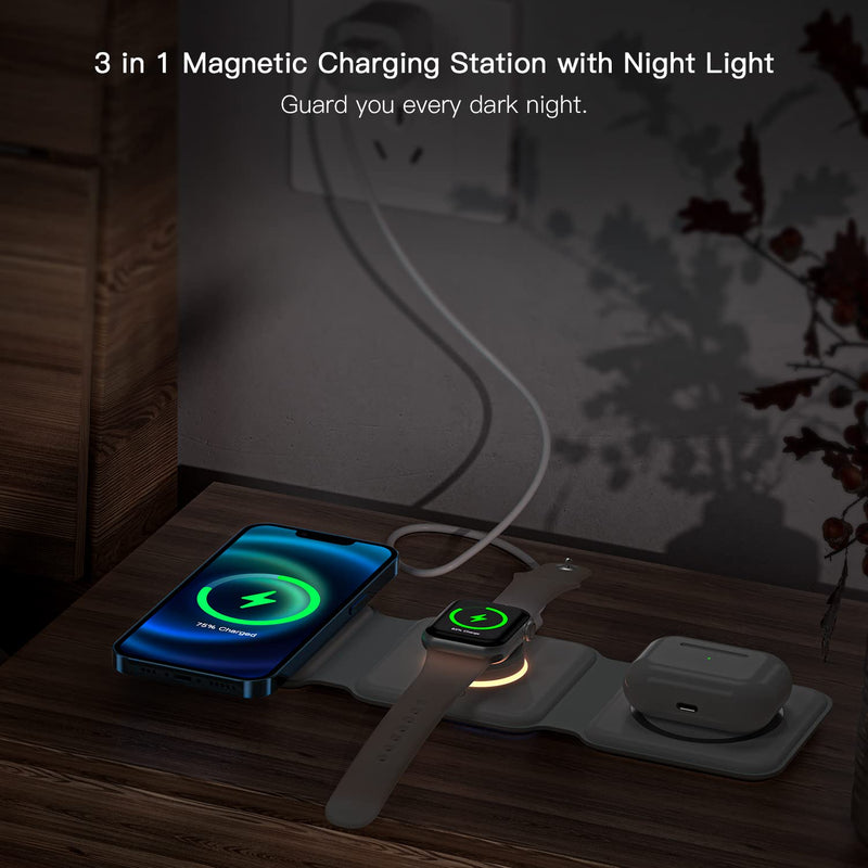  [AUSTRALIA] - 3 in 1 Foldable Wireless Charger, ESSAGER Magnetic Charging Station, Wireless Fast Charging Pad, Compatible with iPhone 14/13/12, Airpods 3/2/Pro, iWatch(Three Pad for Phone&iWatch&Airpods) White - Phone&iWatch&Airpods