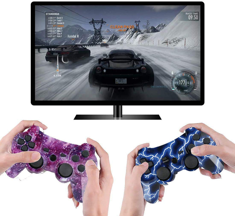  [AUSTRALIA] - PS3 Controller 2 Pack Wireless Motion Sense Dual Vibration Upgraded Gaming Controller for Sony Play Station 3 with Charging Cord (Blue+Purple) Blue and Pruple