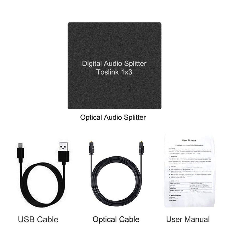  [AUSTRALIA] - Toslink SPDIF Digital Optical Audio Splitter1x3, Toslink Optical Fiber Audio Splitter 1 in 3 Out Aluminum Alloy with Optical CableSupport LPCM2.0/DTS/Dolby Digital for Apple TV Xbox Blue-Ray DVD HDTV