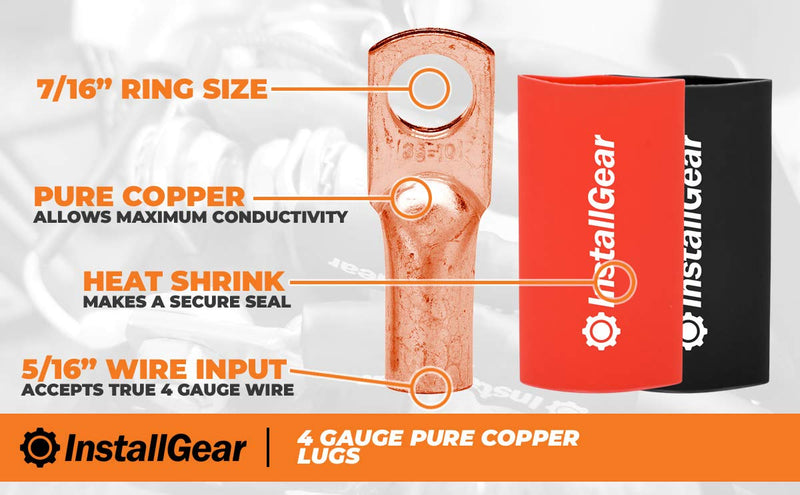  [AUSTRALIA] - InstallGear 4 Gauge AWG Pure Copper Lugs Ring Terminals Connectors with Heat Shrink - 10-Pack