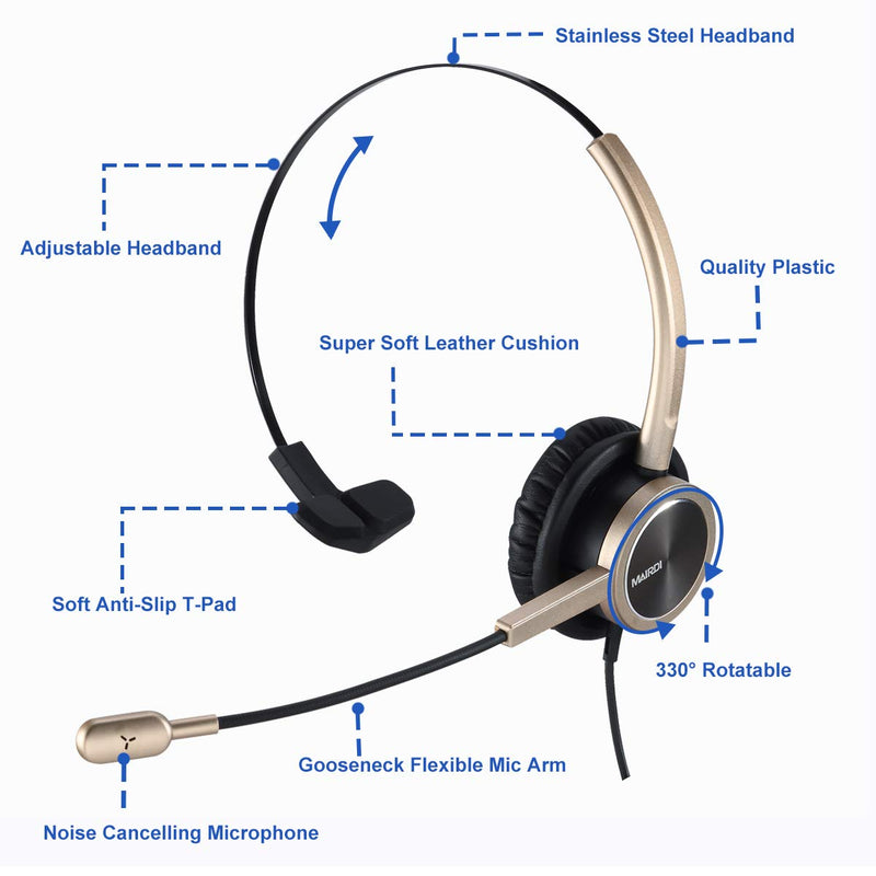  [AUSTRALIA] - MAIRDI Phone Headset with RJ9 & 3.5mm Jacks for Call Center Office Deskphone Cell Phone PC Laptop, Landline Telephone Headset with Microphone Noise Canceling for Polycom Avaya Nortel Mono