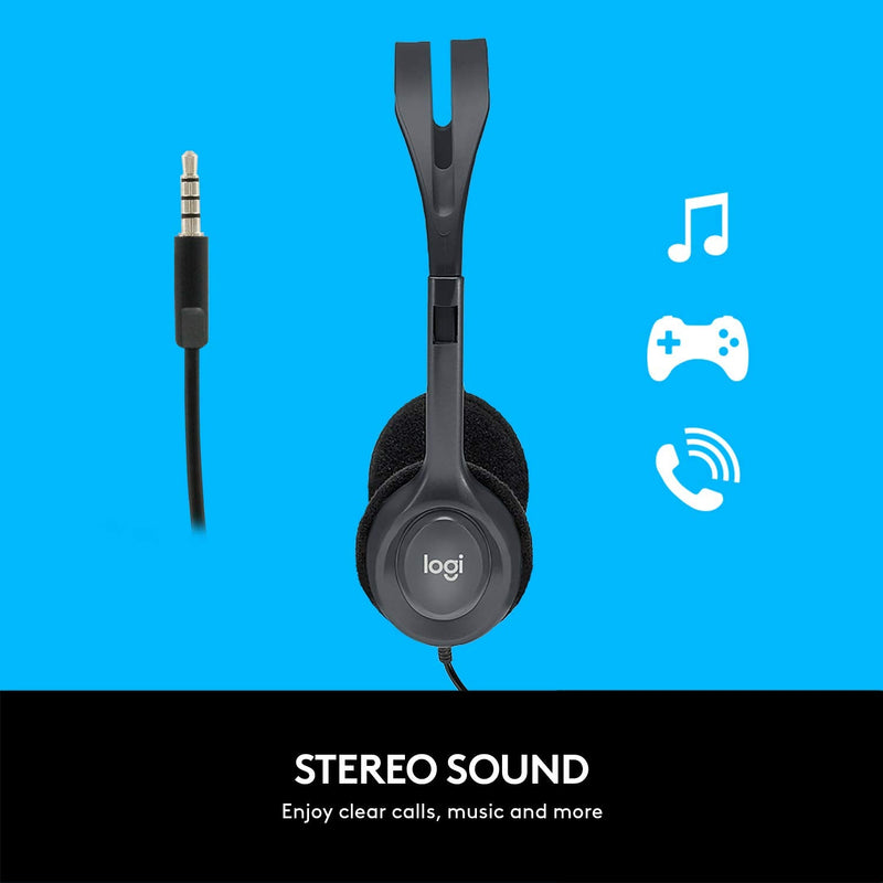  [AUSTRALIA] - Logitech H111 Wired Headset, Stereo Headphones with Noise-Cancelling Microphone, 3.5 mm Audio Jack, PC/Mac/Laptop/Smartphone/Tablet - Black Foam Cushion