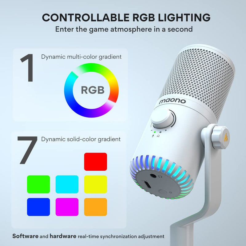  [AUSTRALIA] - USB Gaming Microphone for PC, Computer, Mac, PS4, PS5, MAONO Programmable Condenser Mic with RGB Lights, Mute, Gain, Zero Latency Monitoring for Streaming, Podcasting, Twitch, YouTube(DM30 White) Gaming Microphone White