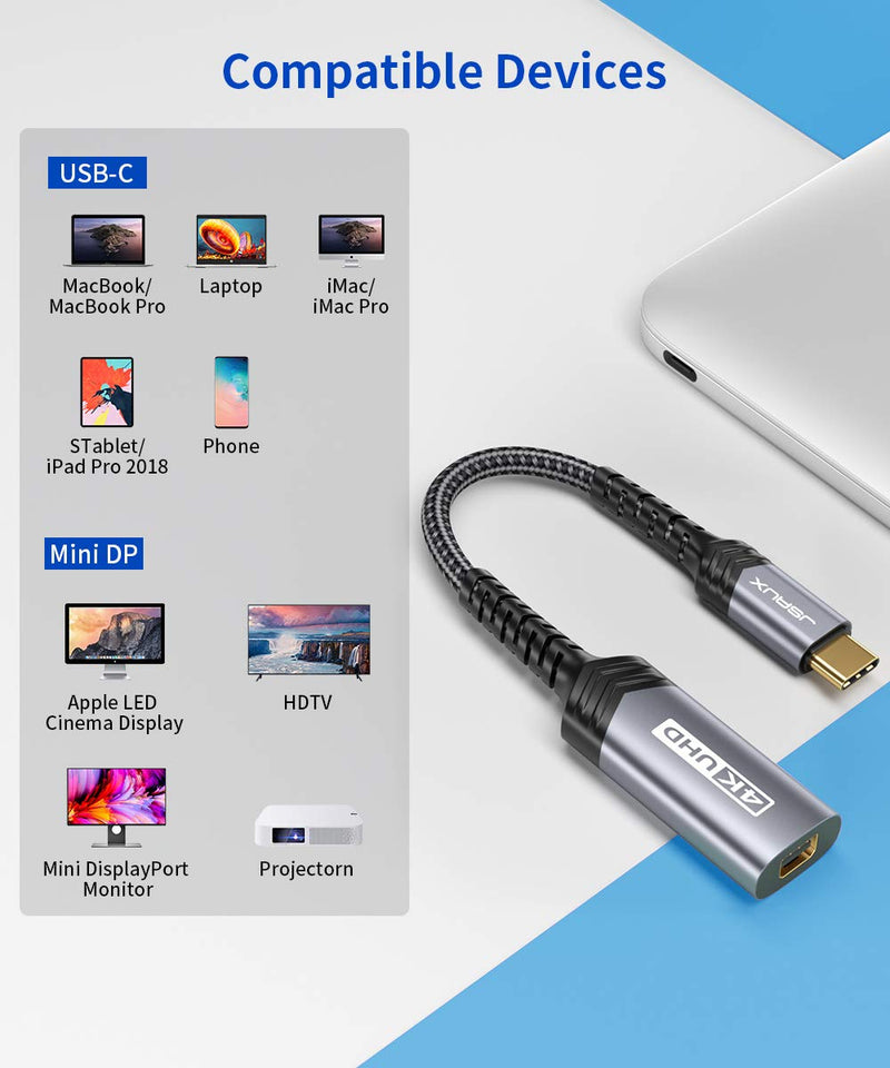  [AUSTRALIA] - USB Type C to Mini DisplayPort Adapter 4K@60Hz, JSAUX C to Mini Display Port Dongle Cable, Compatible with MacBook Pro 2019 2018, Dell XPS, Samsung Galaxy S21 S20 Plus-Grey Grey