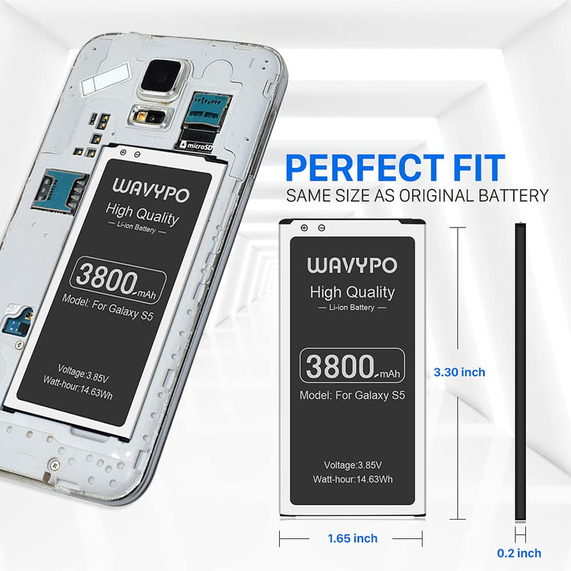 Battry for Galaxy S5, (Upgraded) 3800mAh Wavypo EB-BG900BBC Replacement Battery Li-ion for Samsung Galaxy S5 G900V, G900A, G900F, G900H, I9600, G900P, G900T, G900R4, S5 Spare Battery - LeoForward Australia