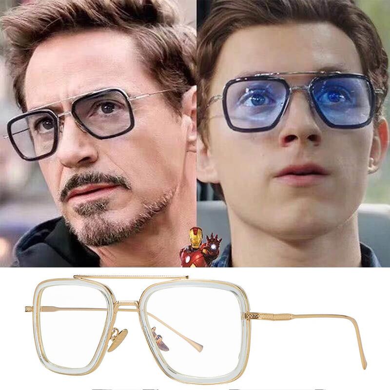  [AUSTRALIA] - Tony Stark Style Blue Light Blocking Glasses for Men Women, Iron Man and Spider-Man Computer Gaming Glasses Transparent/Gold 55 Millimeters