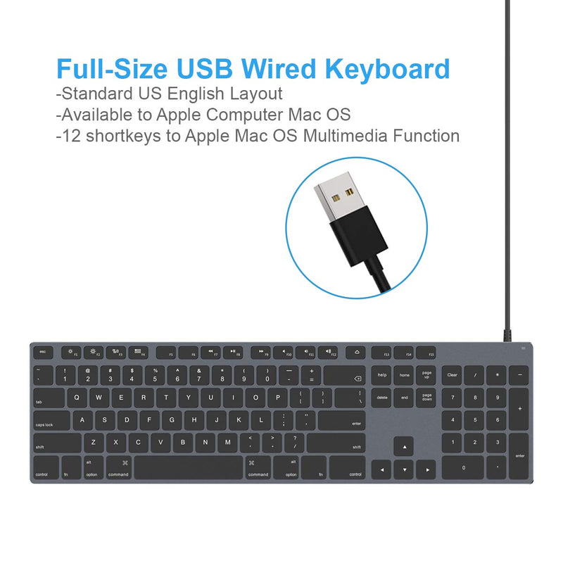  [AUSTRALIA] - Wired Mac Keyboard for Apple Computer, iMac, MacBook, MacBook Pro/Air, Aluminum Full Size USB Keyboard with Numeric Keypad – Black