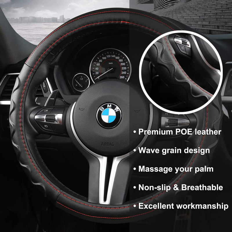  [AUSTRALIA] - Black Panther Car Steering Wheel Cover with Wave Pattern, Durable & Anti-Slip Design, 15 inch Universal - Red Line Wave Pattern - Red Line