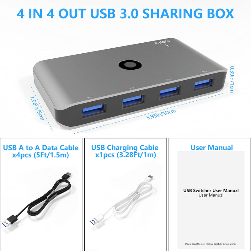  [AUSTRALIA] - USB 3.0 Switch, 4PCs Sharing 4 USB 3.0 Devices, 4 in 4 Output Peripheral Sharing KM Switch USB 3.0 Superspeed Port Hub Switcher Box One Button Swapping, with 4 USB A to A Male/1 Charging Cable