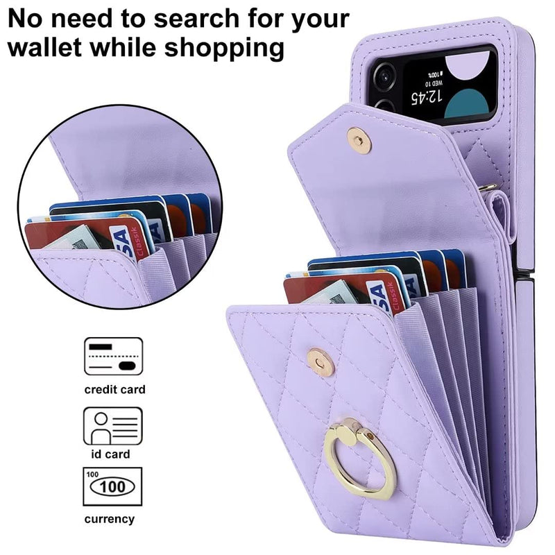  [AUSTRALIA] - XIMAND for Samsung Galaxy Z Flip 4 Wallet Phone Case with Ring and Adjustable Crossbody Strap, Stylish and Muti-funtional Accordion Style Flip Case with 4 Card Slots for The Women and Girls（Purple） Purple