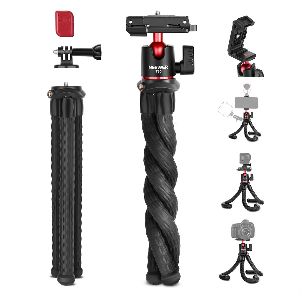  [AUSTRALIA] - NEEWER Camera Flexible Tripod with Remote Shutter, Mount Adapter for Hero 11 10 9 8, Hidden Phone Holder with Cold Shoe, 1/4" Screw for Magic Arm, Bendable Vlogging Tripod, Load Up to 4.4lb - T30