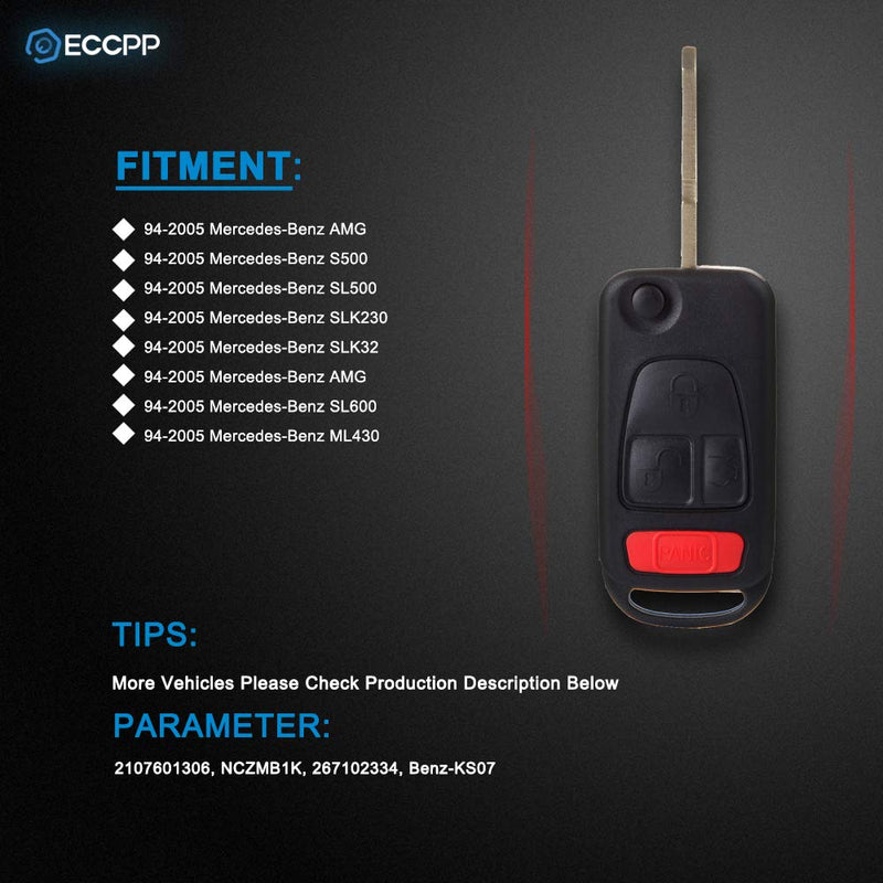  [AUSTRALIA] - ECCPP Key Fob Shell CASE Replacement for 1PC 4 Buttons Replacement Uncut Keyless Entry Remote Control Car for Mercedes-Benz AMG/ S500/ SL500/ SLK230/ SLK32/ AMG/ SL600/ ML430 94-2005 (NCZMB1K)