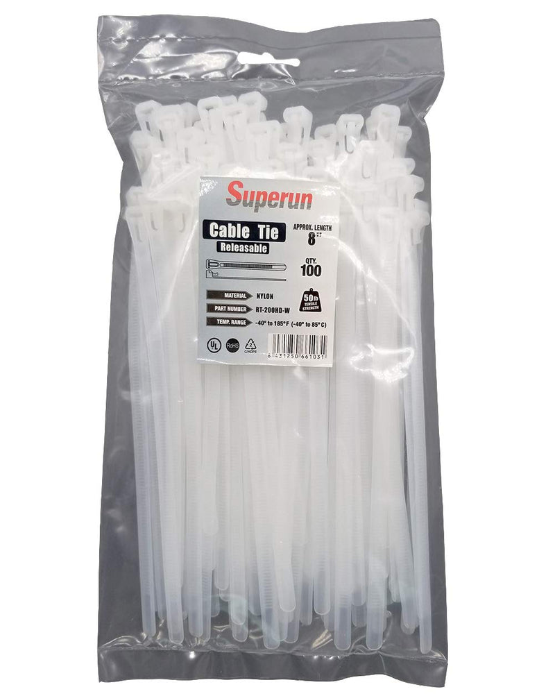  [AUSTRALIA] - Superun Releasable Zip Ties 8 Inch, 50 Lbs Tensile Strength Wire Ties (Reusable Cable Ties) Pack of 100 White