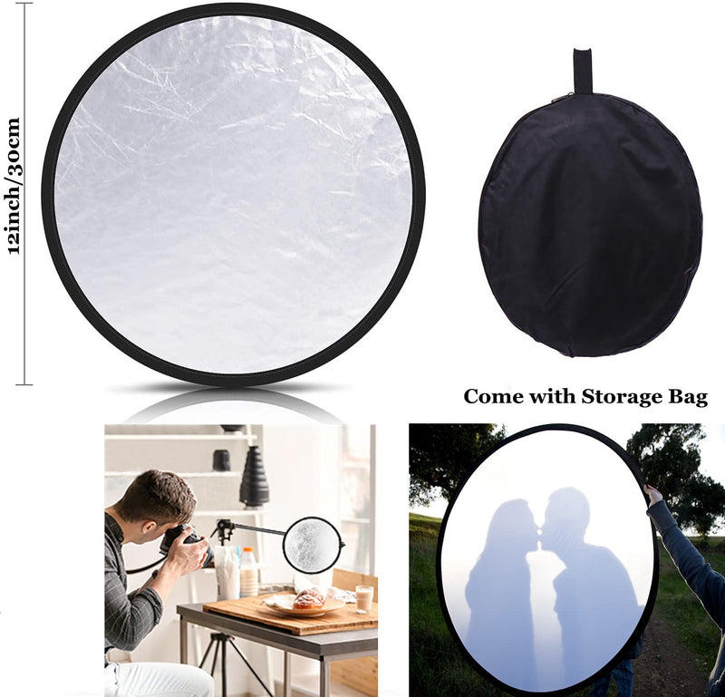  [AUSTRALIA] - Photography Light Reflectors HiYi 2-in-1Collapsible Selfie Background Diffuser Panel 30cm/12inch Camera Photo Reflector Diffuser Accessories for Video, Photoshoot, Outdoor Lighting (Silver & White) 12inch/30cm