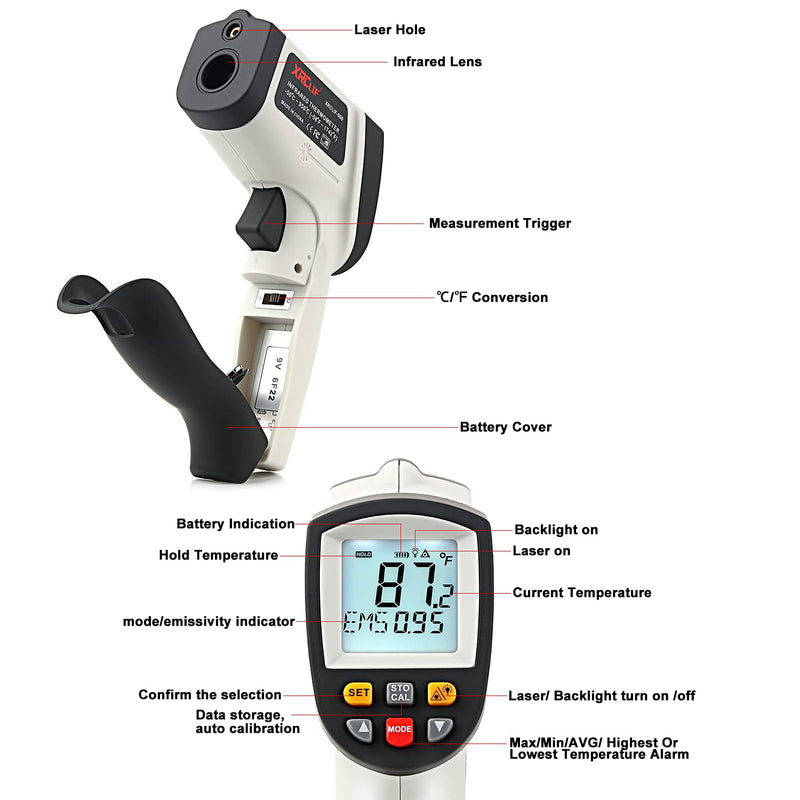  [AUSTRALIA] - Laser infrared thermometer temperature gun for measuring high temperatures -50°C ~ 950℃, data storage, max/min measurement (not for humans) -50～950℃ gray