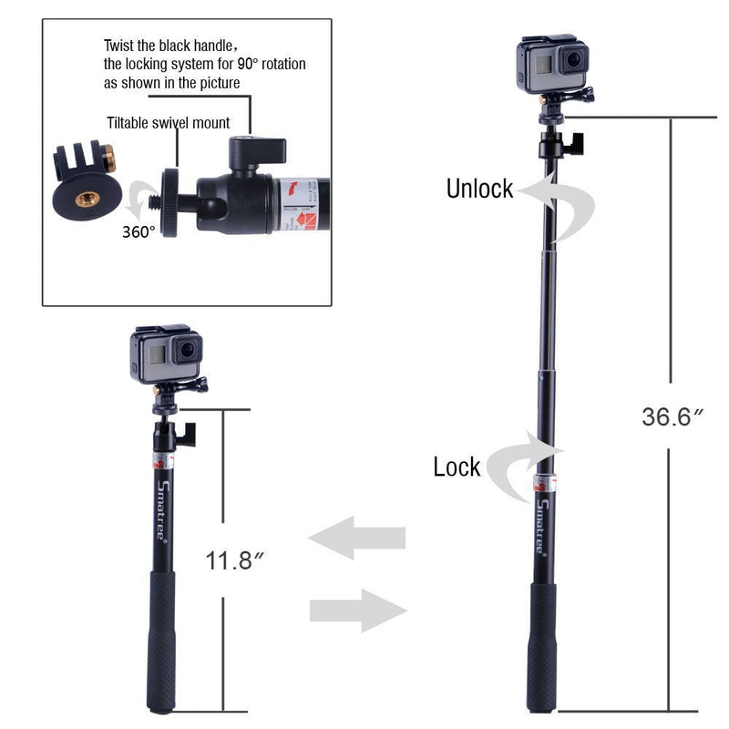  [AUSTRALIA] - Smatree Q3 Telescoping Selfie Stick with Tripod Stand Compatible for Insta360, GoPro Hero 11/10/9/8/7/6/5/4/3+/3/Max/Session/GOPRO Hero 2018/AKASO/OSMO Action Camera/DJI Pocket 2/SJCAM/and Cell Phone 36.6 Inch Selfie stick