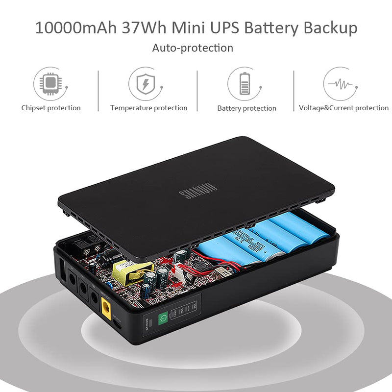  [AUSTRALIA] - Mini UPS Battery Backup Uninterruptible Power Supply for WiFi, Router, Modem, Security Camera with Built-in 10000mAh Power Bank with Input DC/USB Output USB 5V DC 5V/9V/12V 2A 37Wh-DC 10000mAh