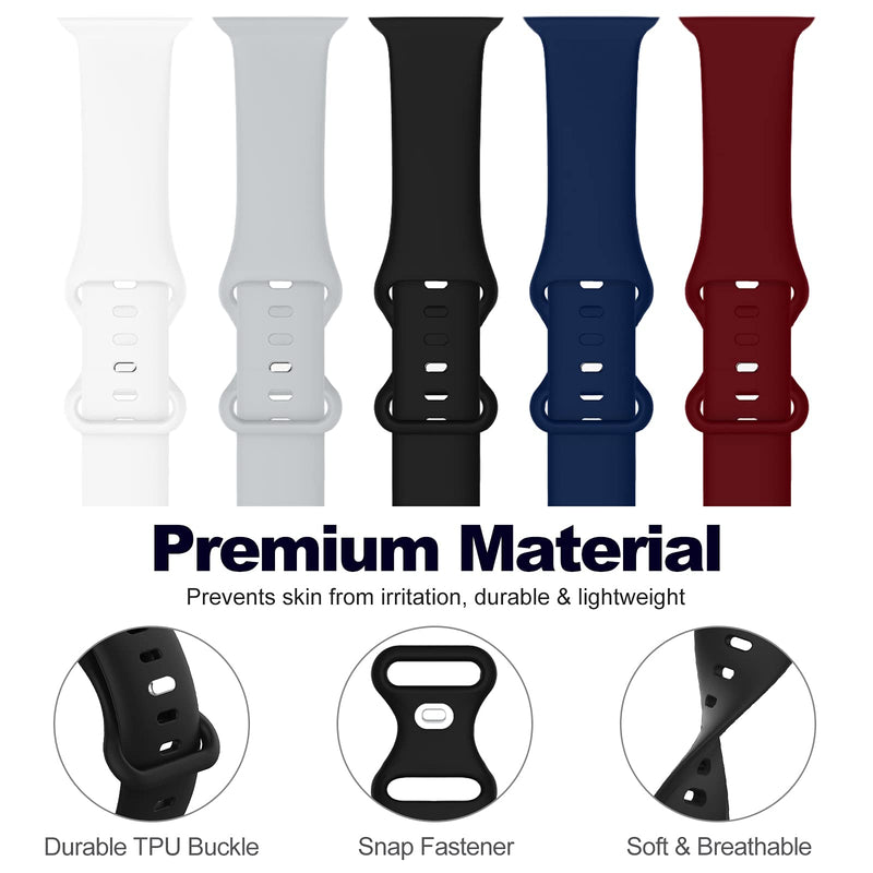  [AUSTRALIA] - 5 Pack Bands Compatible with Apple Watch Band 38mm 40mm 41mm 42mm 44mm 45mm Women Men, Soft Silicone Sport Replacement Strap Compatible with iWatch Series 7 6 5 4 3 2 1 SE Black/Grey/Navy Blue/Wine Red/White 38mm/40mm/41mm