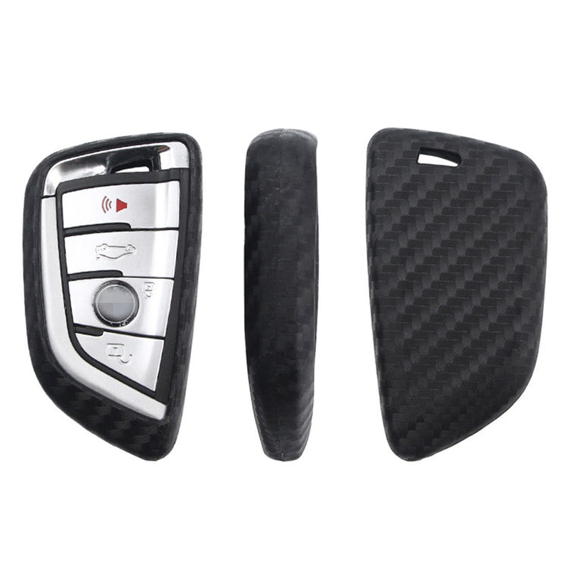  [AUSTRALIA] - M.JVisun Soft Silicone Rubber Carbon Fiber Texture Cover Protector for BMW Key Fob, Car Keyless Entry Remote Key Fob Case for BMW X1 X5 X5M X6 X6M 2 7 Series Fob Remote Key - Black - Weave Keychain