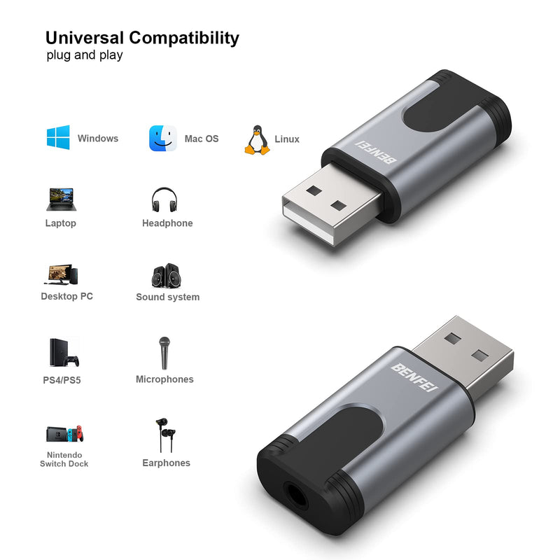  [AUSTRALIA] - BENFEI USB to Audio Jack Adapter, External Sound Card Jack Audio Adapter with 3.5mm Aux Stereo Converter Compatible with Headset,PC, Laptop, Linux, Desktops, PS4 and More Device