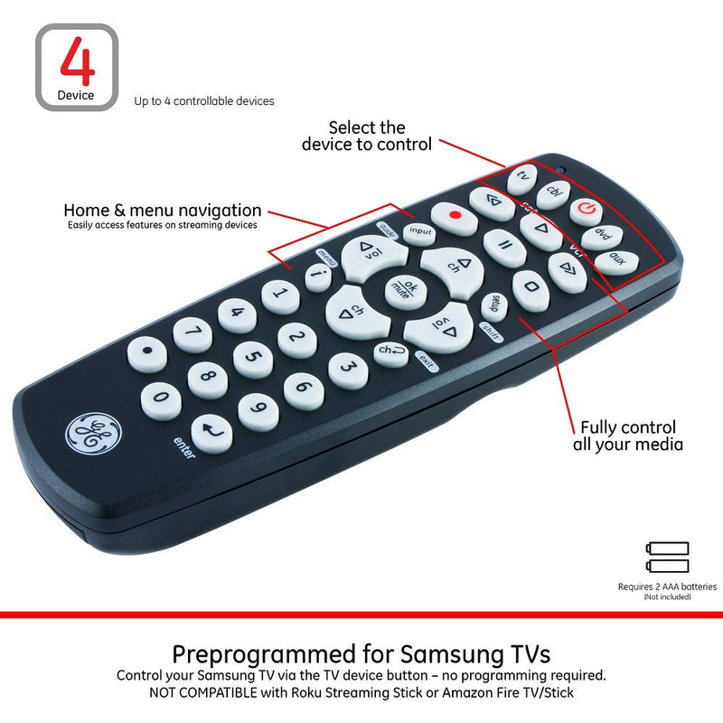 GE Universal Remote Control for Samsung, Vizio, LG, Sony, Sharp, Roku, Apple TV, TCL, Panasonic, Smart TVs, Streaming Players, Blu-ray, DVD, 4-Device, Black, 34708 - LeoForward Australia