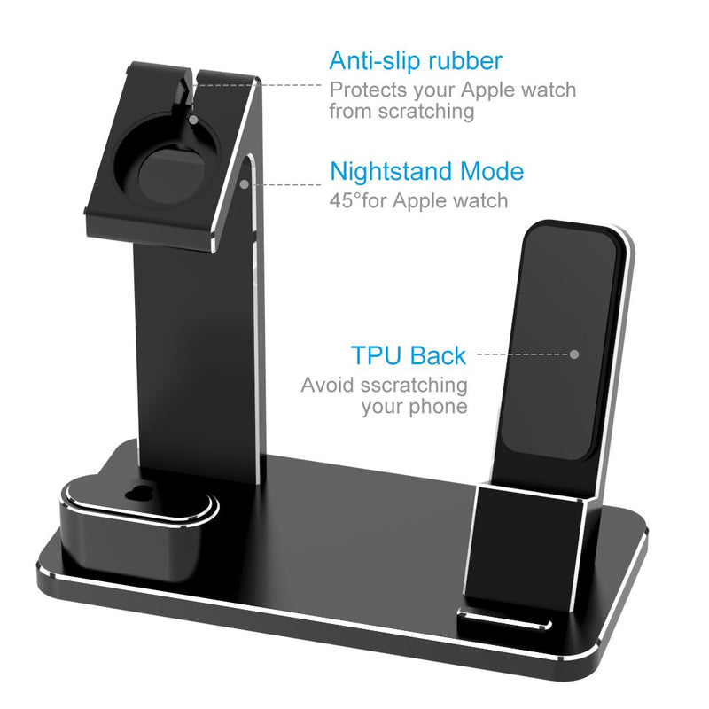 XUNMEJ for Apple Watch Charging Dock, 4 in1 Aluminum iPhone Watch AirPods Charger Stand Station Holder for Apple iWatch 6 SE 5 4 , AirPods Pro/2/1,iPhone 12, XS X Max XR 7 6, iPad 2020 (Black) Black - LeoForward Australia