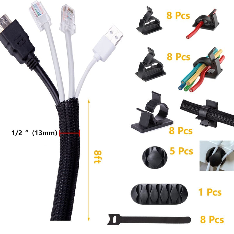  [AUSTRALIA] - Cable Management Cord Organizer 8ft - 1/2 inch Braided Cable Sleeve with 24 Clips, 6 Desk Cable Holders, 8 Ties, Cord Protector Wire Loom Split Sleeving - Protect Pet from Chewing Cords - Black