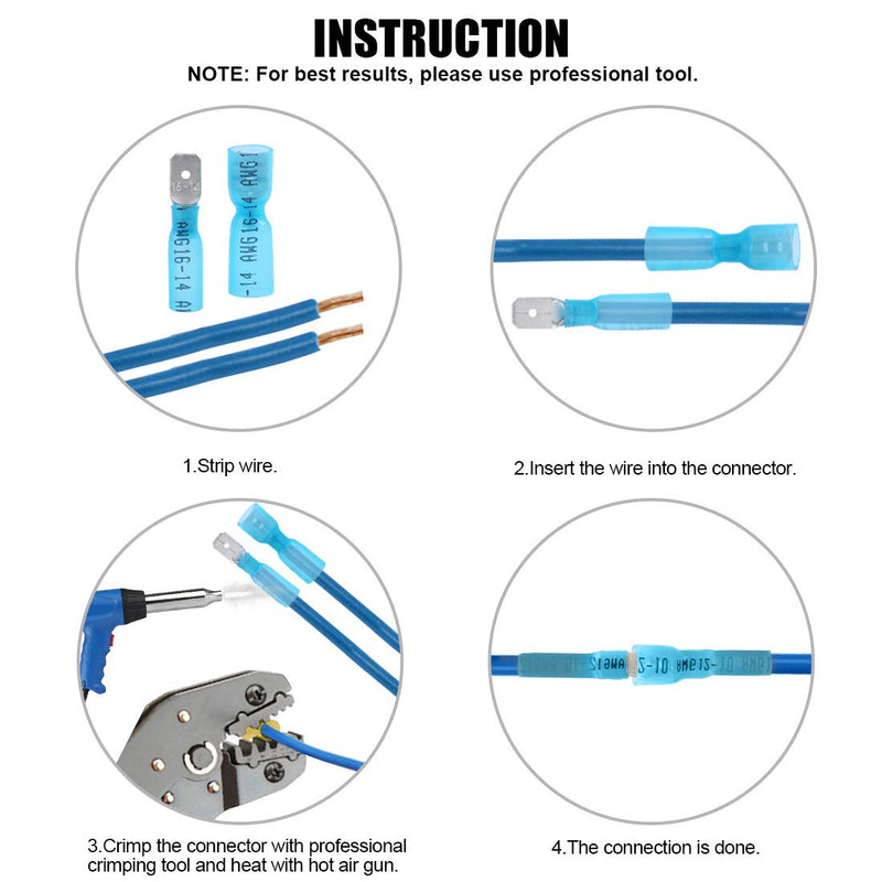  [AUSTRALIA] - Glarks 100pcs 16-14 Gauge Fully Insulated Female/Male Spade Nylon Heat Shrink Waterproof Quick Disconnect Electrical Insulated Crimp Terminals Connectors Assortment Kit Blue