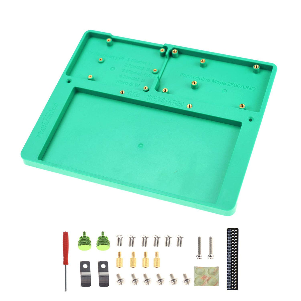  [AUSTRALIA] - Makeronics 7 in 1 Green RAB Holder for Raspberry Pi | Arduino | Solderless Breadboard, Base Plate with Rubber Feet for Raspberry Pi 4 Model B|3B+/B|2B+/B|Zero |Zero W and Arduino Mega 2560 | Uno R3