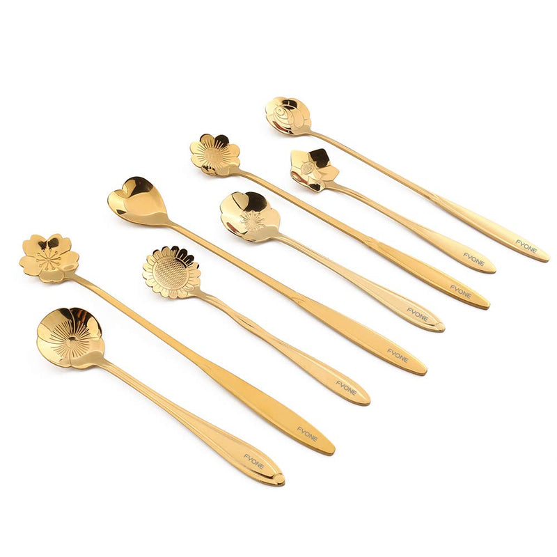  [AUSTRALIA] - FYONE Stainless Steel Flower Spoon, Can be used as coffee spoon, sugar spoon, teaspoon, stirring spoon, ice tea spoon, etc.(Set of 8,Two Different Lengths) (Gold)… Gold