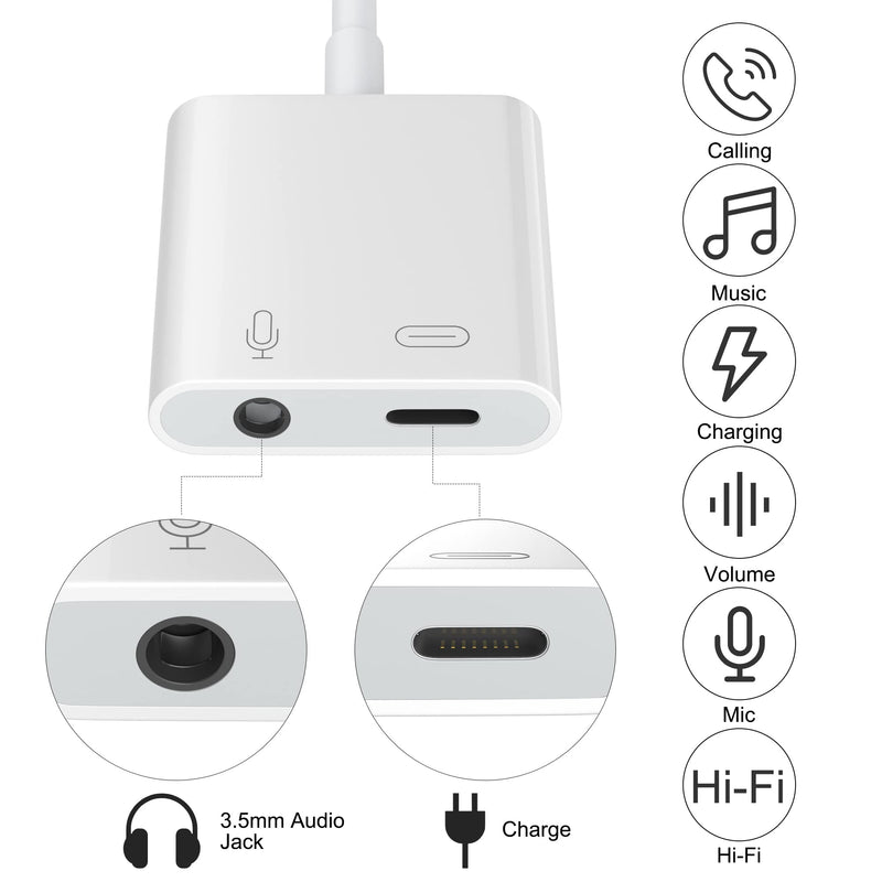  [AUSTRALIA] - Headphone Adapter for iPhone Support Call , [Apple MFi Certified] 2 in 1 Lightning to 3.5mm Earphone Audio Dongle with Charger Splitter Aux Accessories for iPhone 14/13/12/11Pro Max Xs X(White) 3.5MM Audio adapter+Charge(Lightning Connector)